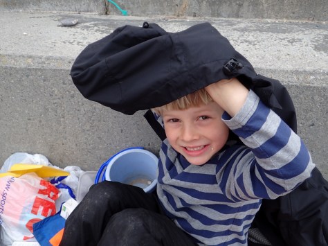 Cornish Rock Pools junior makes his picnic shelter.