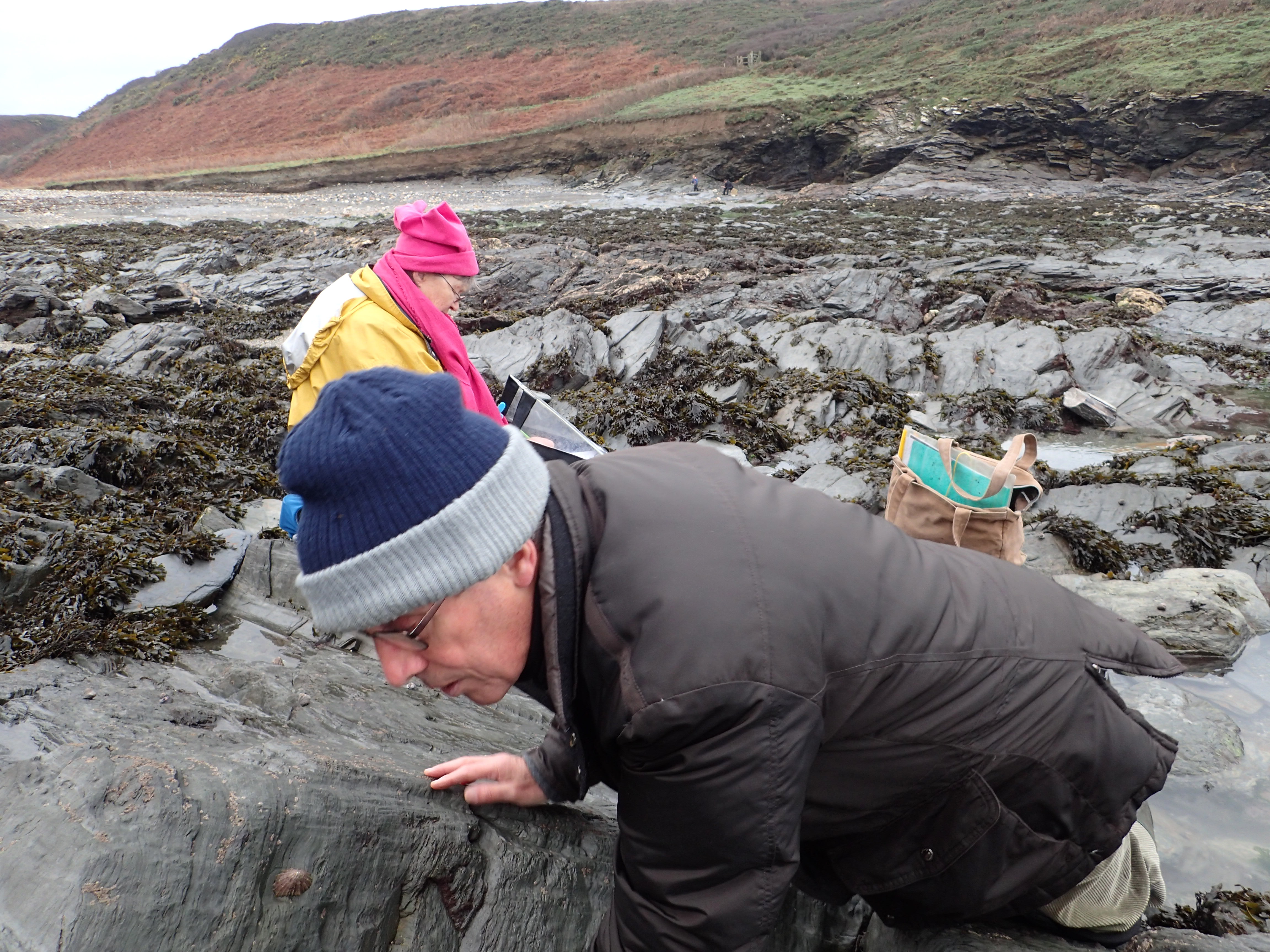 Richard examines a quadrat while Chris notes the data